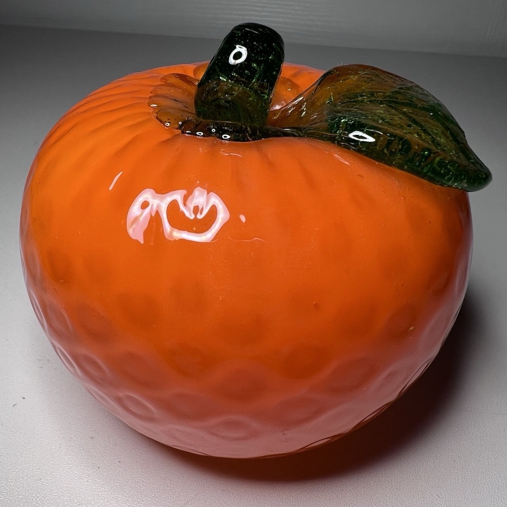 Hand-Blown Art Glass Orange Green Stem Fruit Figure Decoration 3.5"